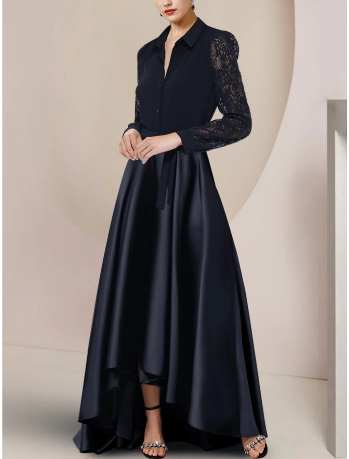 A-Line Mother of the Bride Dress Wedding Guest Party Elegant Shirt Collar Asymmetrical Floor Length Satin Long Sleeve with Lace Bow(s) Ruching-- Mesh Fabric Canvas Fabric Denim Fabric A-Line Mother of the Bride Dress Wedding Guest Party Elegant Shirt Collar Asymmetrical Floor Length Satin Long Sleeve with Lace Bow(s) Ruching-- Mesh Fabric Canvas Fabric Denim Fabric
