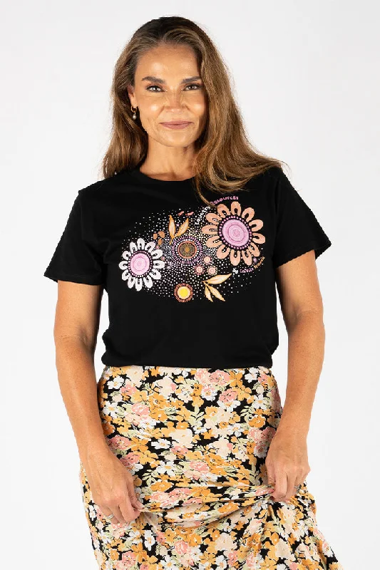 Country Resources Black Cotton Crew Neck Women's T-Shirt-- Asymmetrical Pockets Print Country Resources Black Cotton Crew Neck Women's T-Shirt-- Asymmetrical Pockets Print