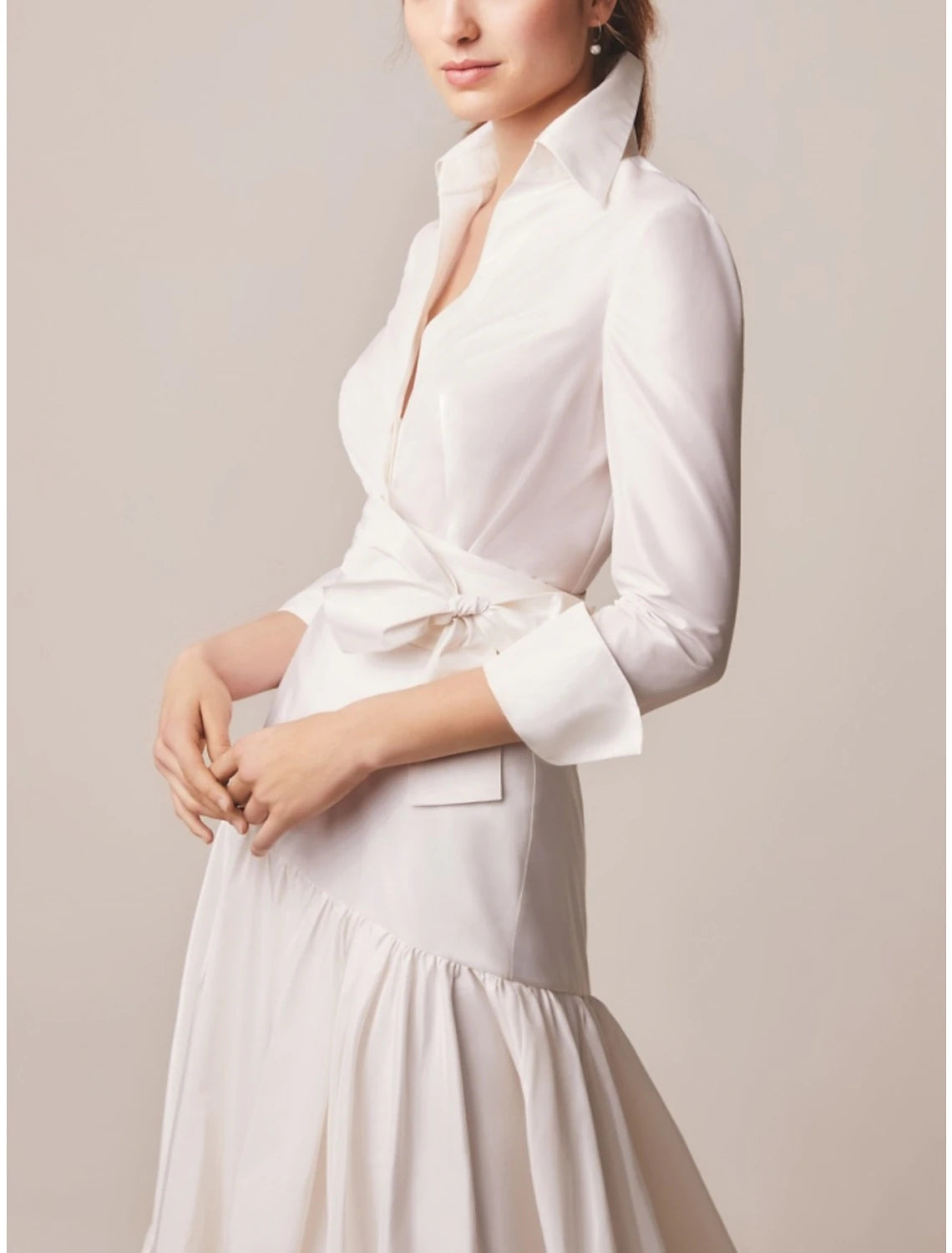 A-Line Mother of the Bride Dress Wedding Guest Elegant Shirt Collar Sweep / Brush Train Taffeta Long Sleeve with Bow(s) Ruching-- Cashmere Blend Cotton Blend Poly Blend A-Line Mother of the Bride Dress Wedding Guest Elegant Shirt Collar Sweep / Brush Train Taffeta Long Sleeve with Bow(s) Ruching-- Cashmere Blend Cotton Blend Poly Blend