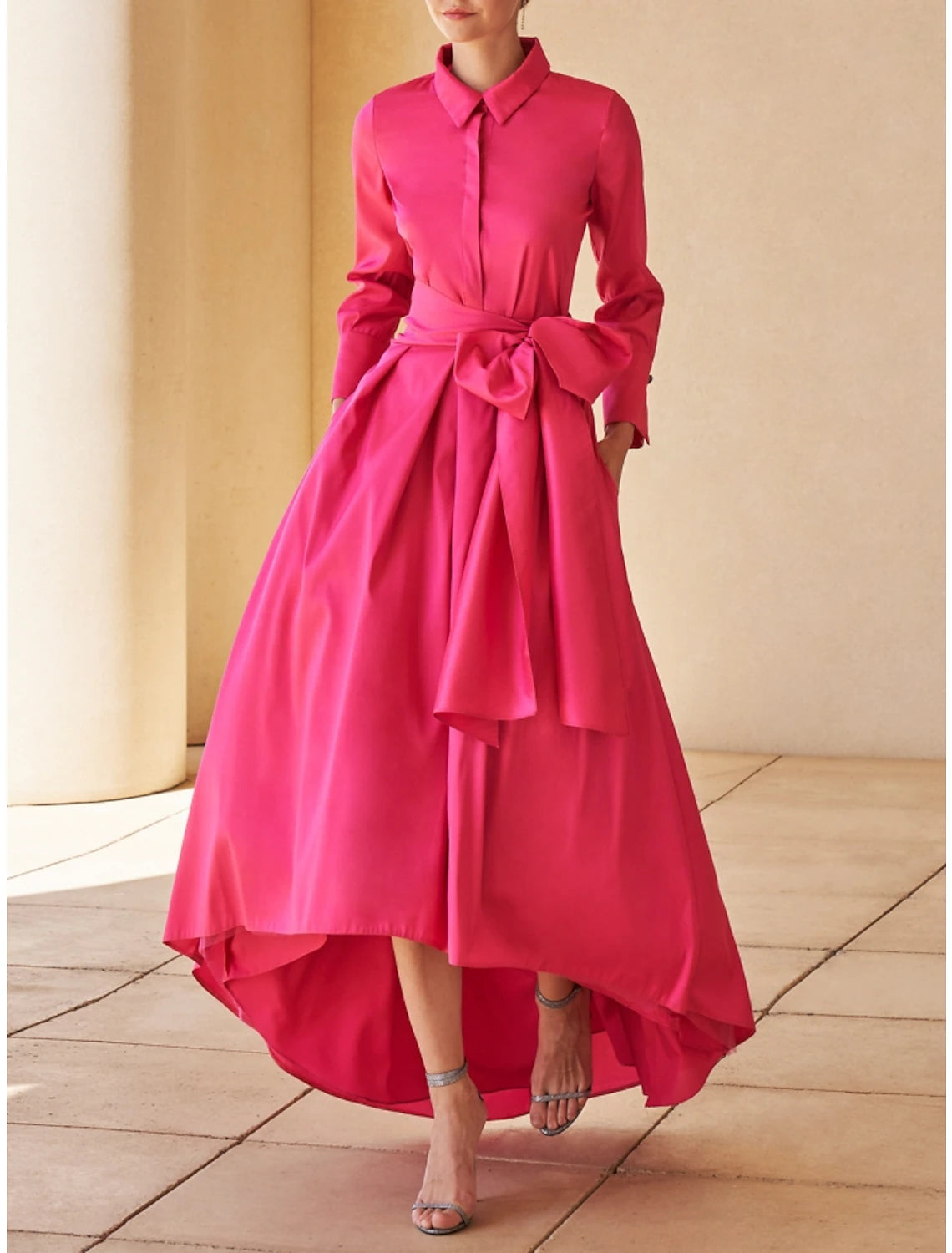 A-Line Mother of the Bride Dress Wedding Guest Elegant Shirt Collar Asymmetrical Satin Long Sleeve with Sash / Ribbon Ruching-- Ribbed Striped Patterned A-Line Mother of the Bride Dress Wedding Guest Elegant Shirt Collar Asymmetrical Satin Long Sleeve with Sash / Ribbon Ruching-- Ribbed Striped Patterned