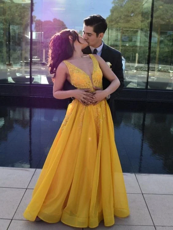 A-line V neck Yellow Long Prom Dress Cheap Formal Party Dress cg6864 Satin Halter Glamorous A-line V neck Yellow Long Prom Dress Cheap Formal Party Dress cg6864 Satin Halter Glamorous
