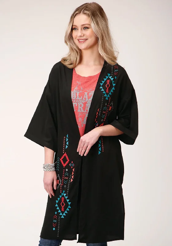Roper Womens Black Polyester Southwestern Kimono Cardigan Front Pockets Side Pockets Patch Pockets Roper Womens Black Polyester Southwestern Kimono Cardigan Front Pockets Side Pockets Patch Pockets