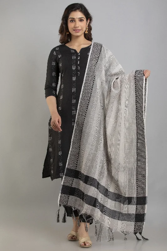 Women's Woven & Striped Cotton Blend Straight Kurta Pant & Dupatta Set (Black) - Charu Slim-Fit Khaki Pants Women's Woven & Striped Cotton Blend Straight Kurta Pant & Dupatta Set (Black) - Charu Slim-Fit Khaki Pants