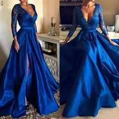 Royal Blue Prom Dresses Long Sleeves Side Split Lace Appliques Elegant Satin Evening Gowns 2020 Sexy Deep V-Neck A-Line Party Dress cg7063 Tunics Sophisticated sleek Royal Blue Prom Dresses Long Sleeves Side Split Lace Appliques Elegant Satin Evening Gowns 2020 Sexy Deep V-Neck A-Line Party Dress cg7063 Tunics Sophisticated sleek