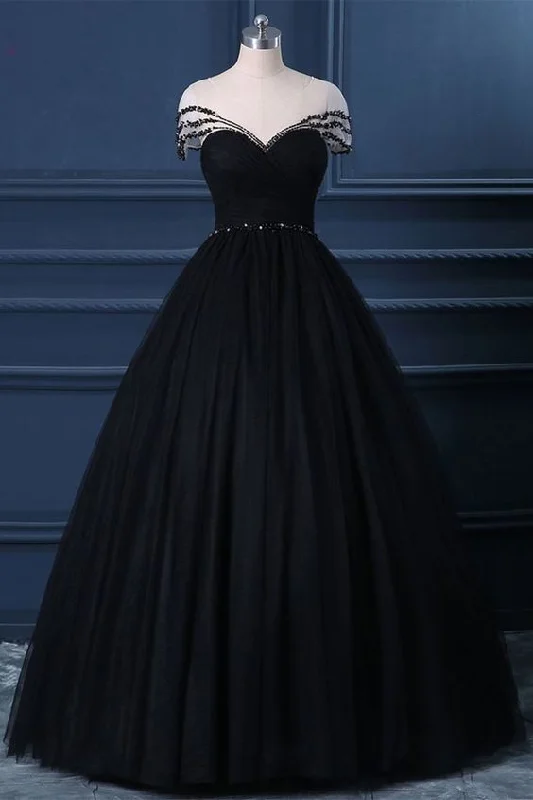 Black Tulle Cap Sleeve Black Tulle Crystal Long Formal Prom Dress, Party Dress cg6982 Tunics Chic elegant Black Tulle Cap Sleeve Black Tulle Crystal Long Formal Prom Dress, Party Dress cg6982 Tunics Chic elegant