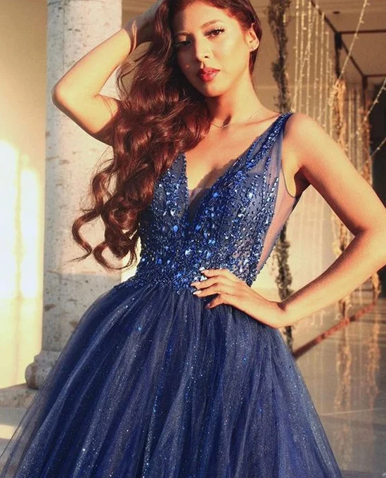 Gorgeous A-Line V Neck Open Back Navy Blue Beaded Long Prom Dresses,Sparkly Evening Party Dresses,Ball Gown Formal Dresses cg7127 Tunics Versatile stylish Gorgeous A-Line V Neck Open Back Navy Blue Beaded Long Prom Dresses,Sparkly Evening Party Dresses,Ball Gown Formal Dresses cg7127 Tunics Versatile stylish