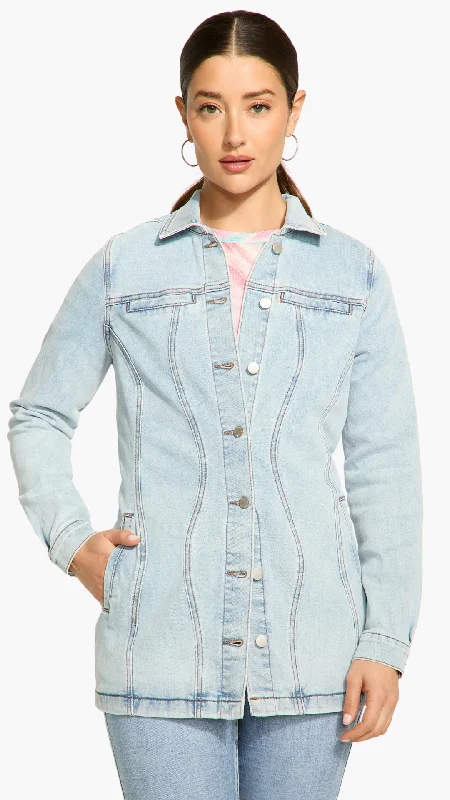Mid Length Light Wash Denim Jacket. Style FD1897075 Zippered Jacket Buttoned Jacket Snapped Jacket Mid Length Light Wash Denim Jacket. Style FD1897075 Zippered Jacket Buttoned Jacket Snapped Jacket